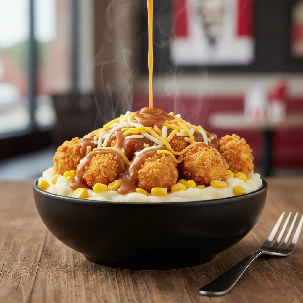 KFC Famous Bowl with mashed potatoes, corn, chicken, gravy and cheese