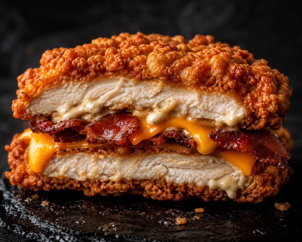 KFC Double Down sandwich cut in half showing two crispy chicken fillets
