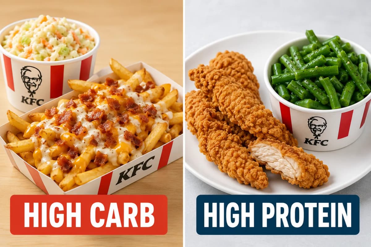 Split image comparing high-carb KFC sides vs high-protein KFC options